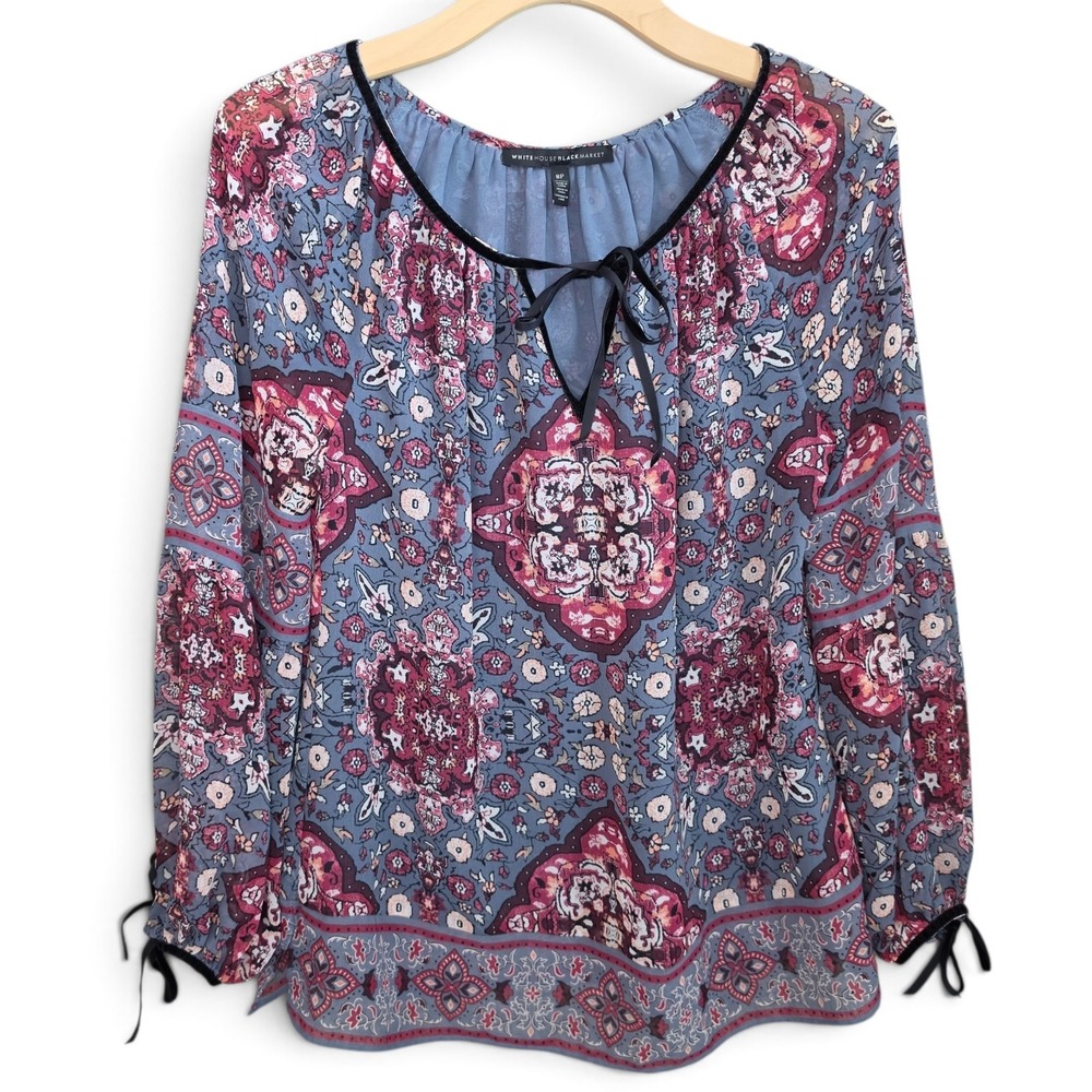 White House Black Market Blouse 8P Petite Medallion Floral Velvet Tie Top Boho